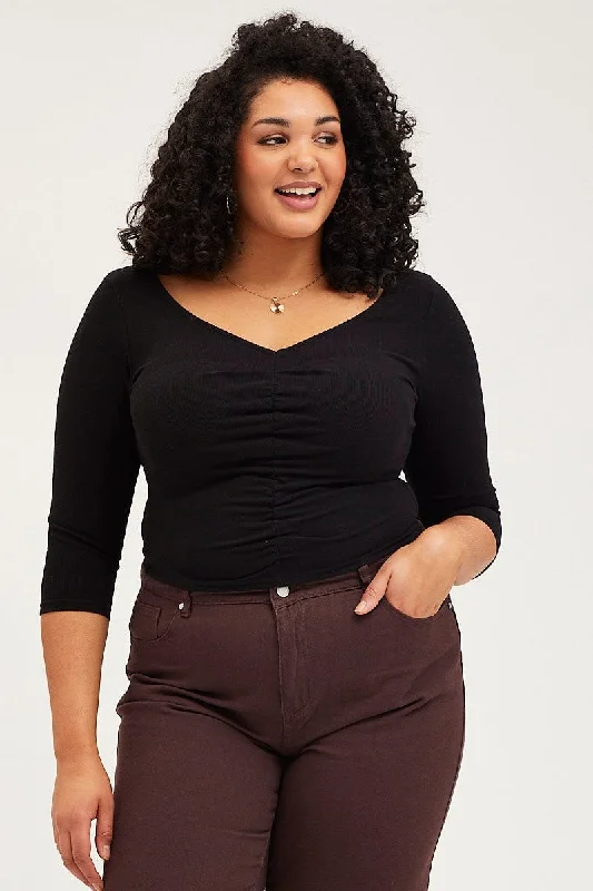 Vintage-Inspired Style Offers Black Sleeve Top Ruched Front V-neck Three-Quarter