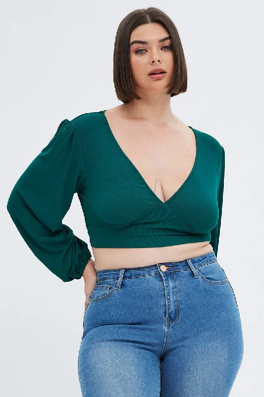 Romantic Chic Deals Green 3/4 Sleeve Cross Back Rib Jersey V-neck Top