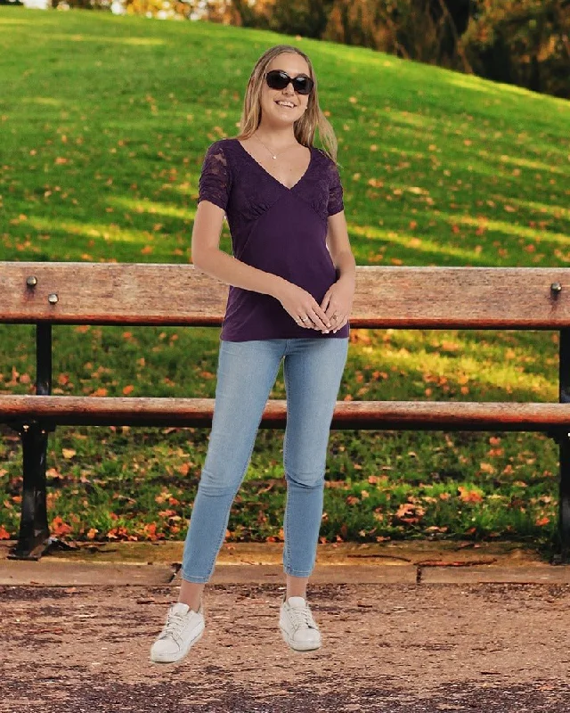 Athleisure Style Sale Ladies Dark Purple Rib Lace Top