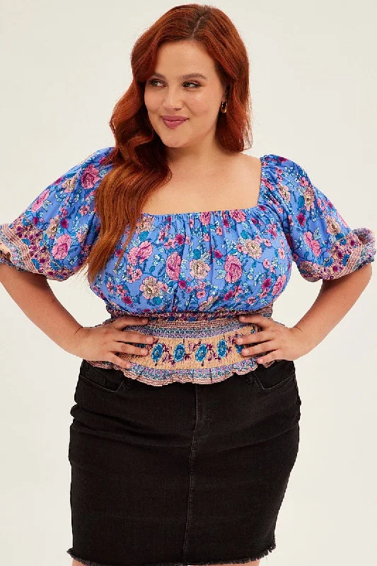 Fashion Forward Boho Print Boho Half Puff Sleeve Frilled Hem Shirred Top