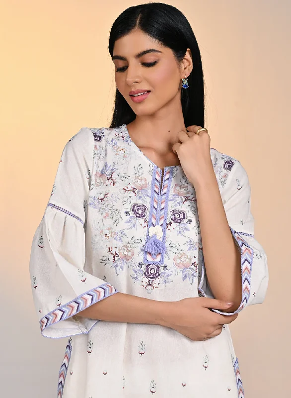 Flash Sale, Don't Miss Gulshan Ivory With Blue Printed Cotton Linen Kurta For Women Flash Sale, Don't Miss Gulshan Ivory With Blue Printed Cotton Linen Kurta For Women