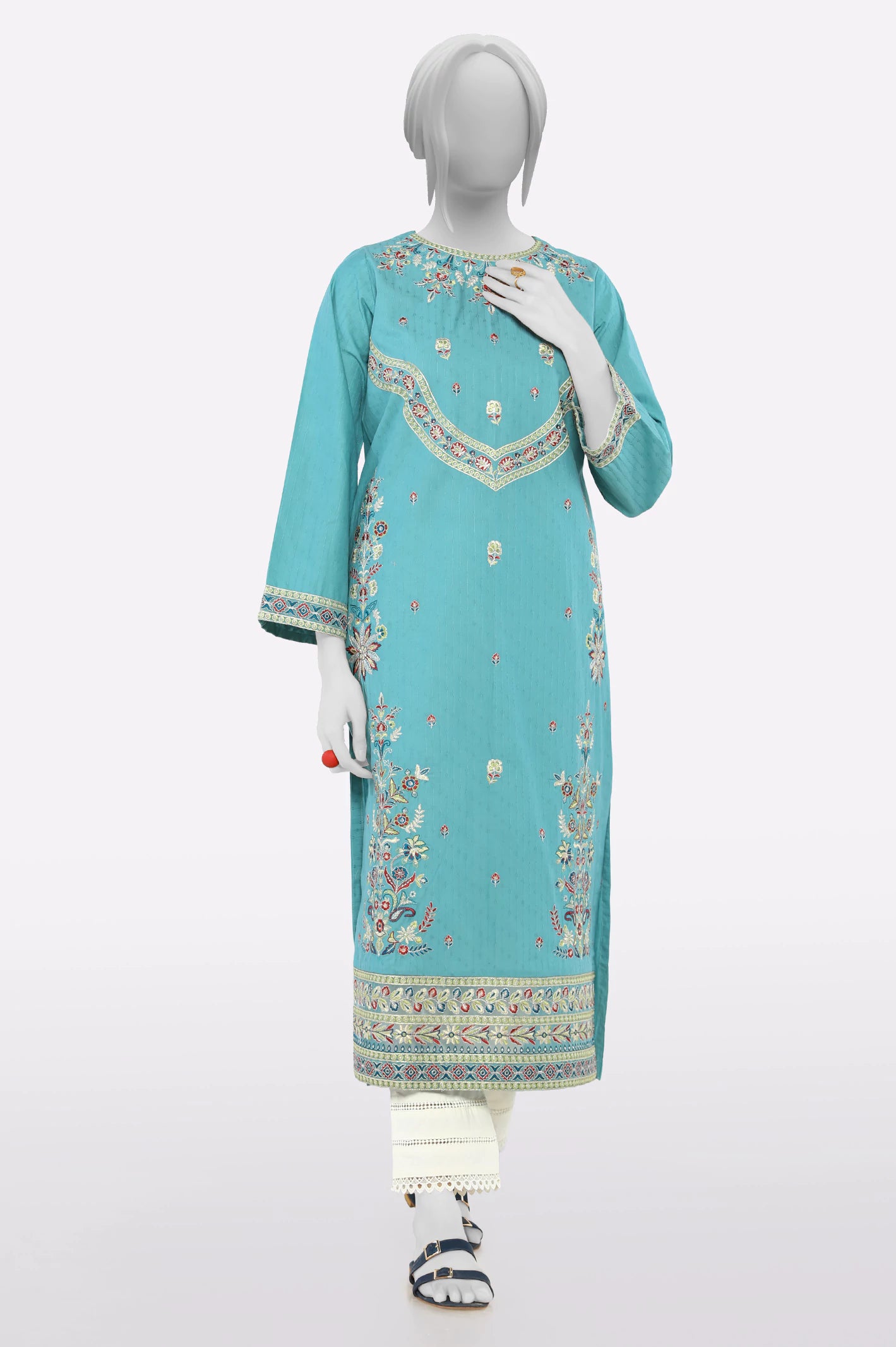 Save Big Sea Green Embroidered Kurti