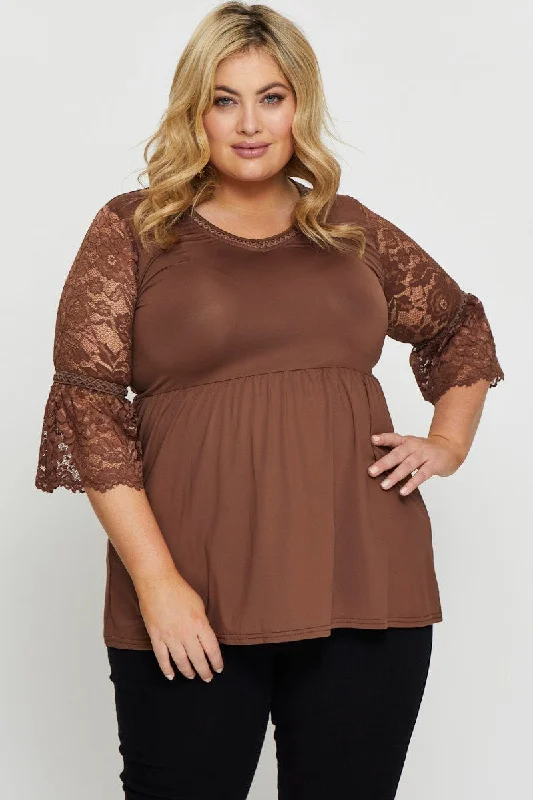 Hot Sale Brown Hem Top Lace V-neck Three-Quarter Sleeve Gathered