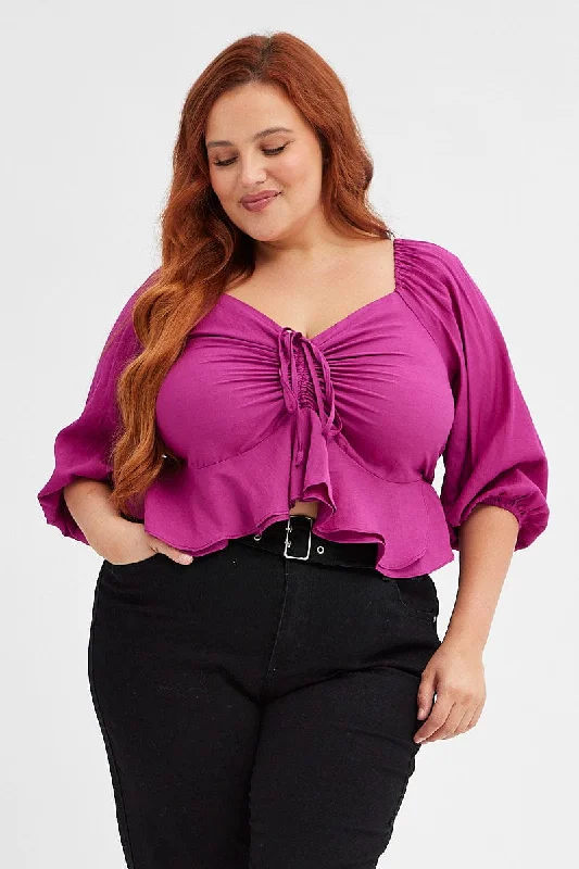 Elegant Fashion Offers Purple Peplum Top Three Quater Sleevec Ruched