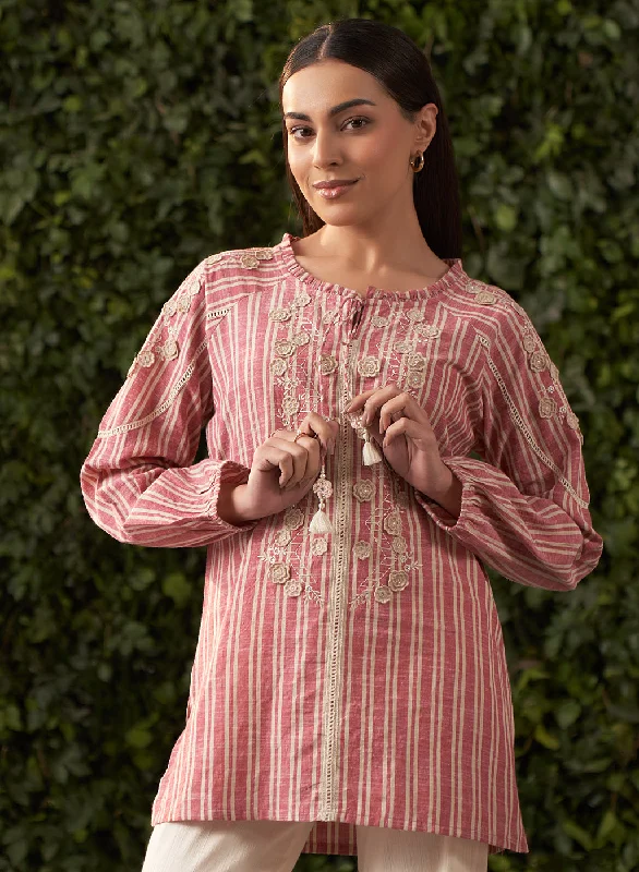 Style Upgrade Orvana Pink Embroidered Cotton Linen Top for Women