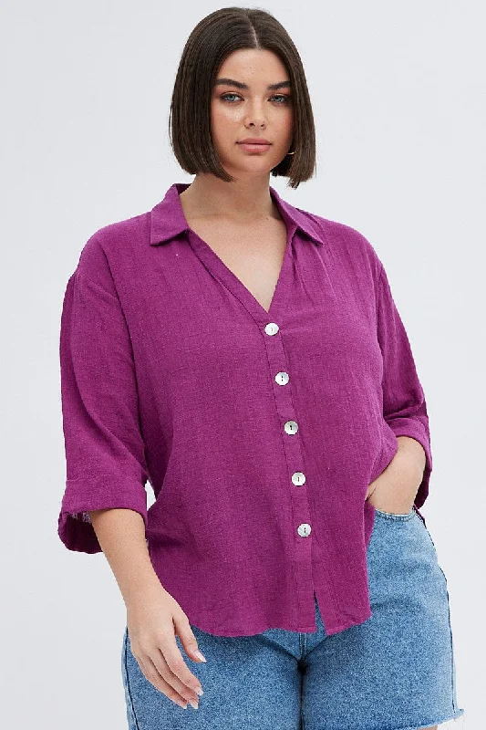 Fashionable Comfort Promotions Purple Relaxed Shirt Three Quater Sleeve V-neck