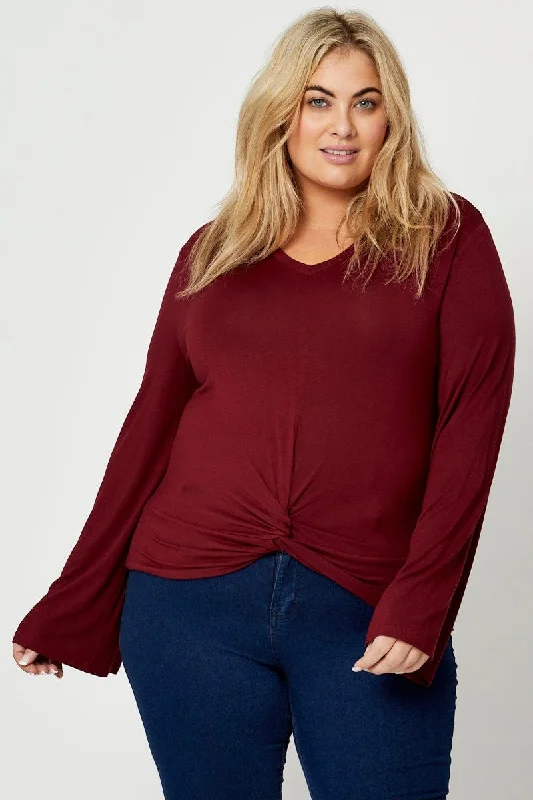Top Brand Discounts Red Jersey Top Bell Sleeve Twist Front V-neck