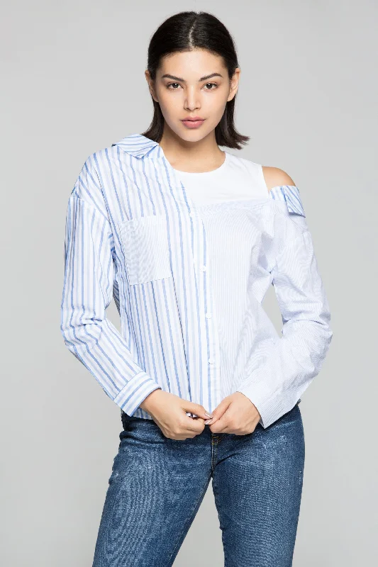 Fashion Forward Blue and White Asymmetrical Stripes Shirt