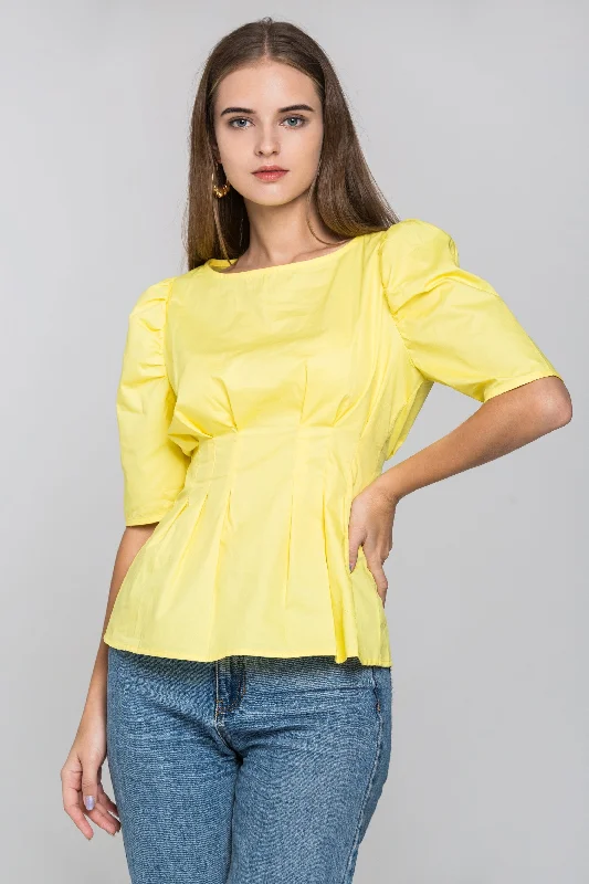 Buy More, Save More Yellow Pleated Waist Puff Sleeves Top