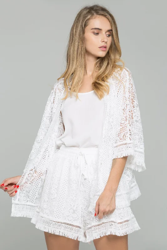Chic & Modern Sales 3-Piece White Lace Chiffon Fringe Hem Top and Drawstring Waist Short Set