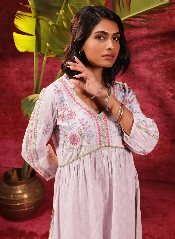 Fashion Forward Femininity Rose Bud Lavender Embroidered Cotton Jacquard Designer Kurta for Women