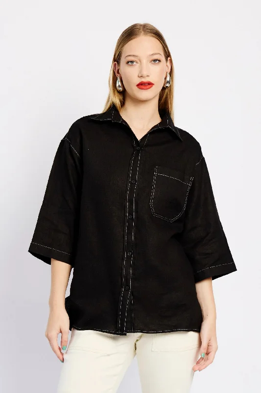 Cozy Chic Promotions Oversized Linen Shirt in Black