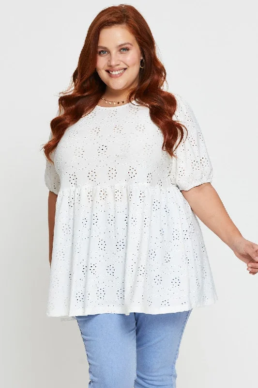 Smart Casual Deals White Peplum Top Lace Eyelet Round Neck Puff Sleeve