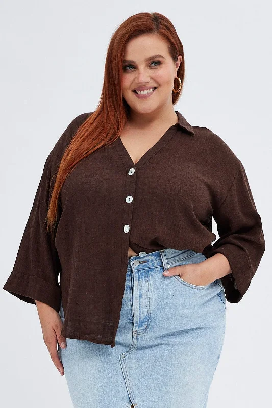 Flash Sale Now Brown Relaxed Shirt Three Quarter Sleeve V-neck