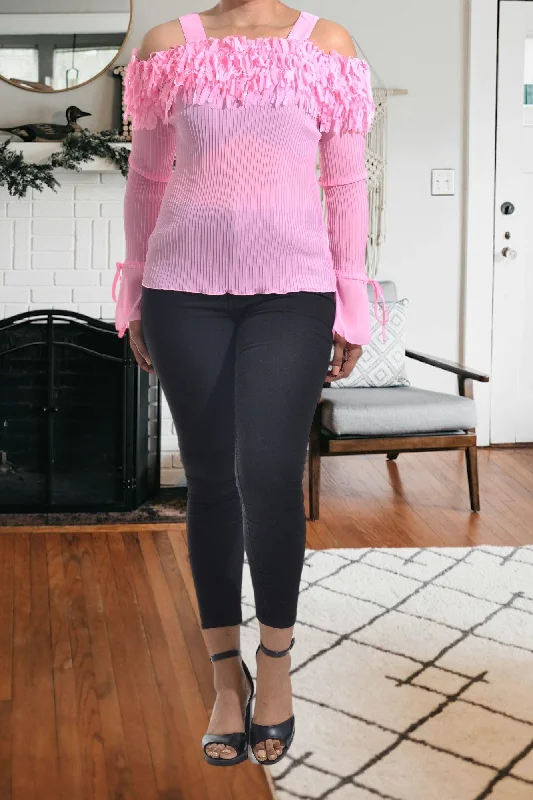 Premium Style Ladies Off Shoulder Pink Frill Top