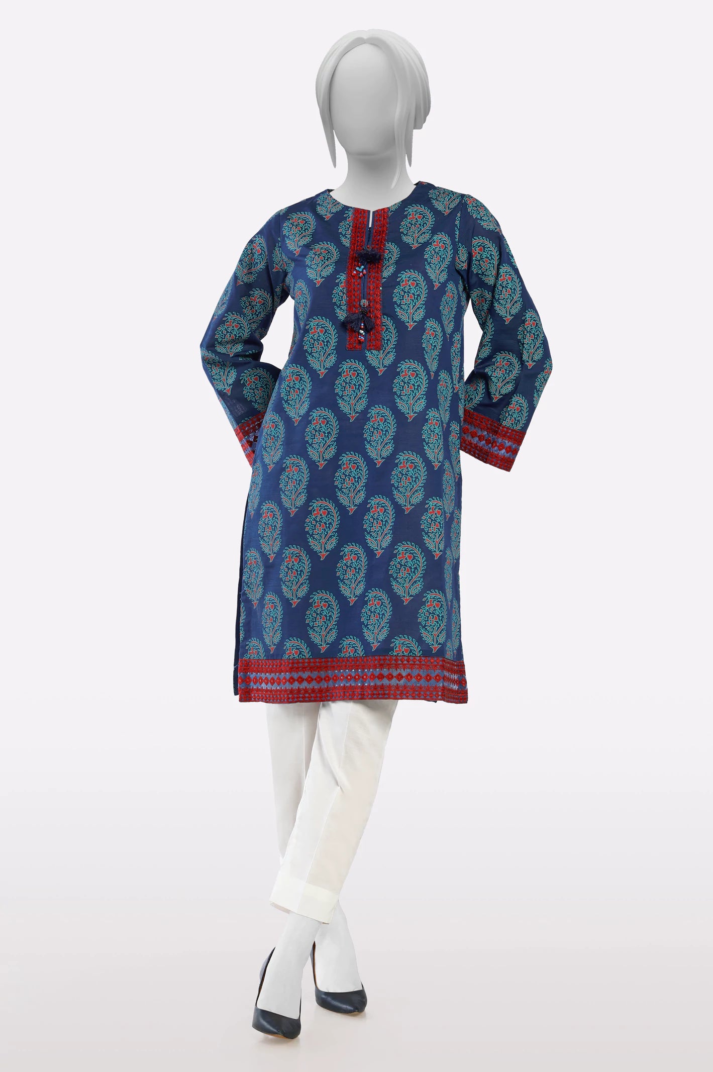 Limited Stock, Big Sale Navy Blue Printed Embroidered Kurti