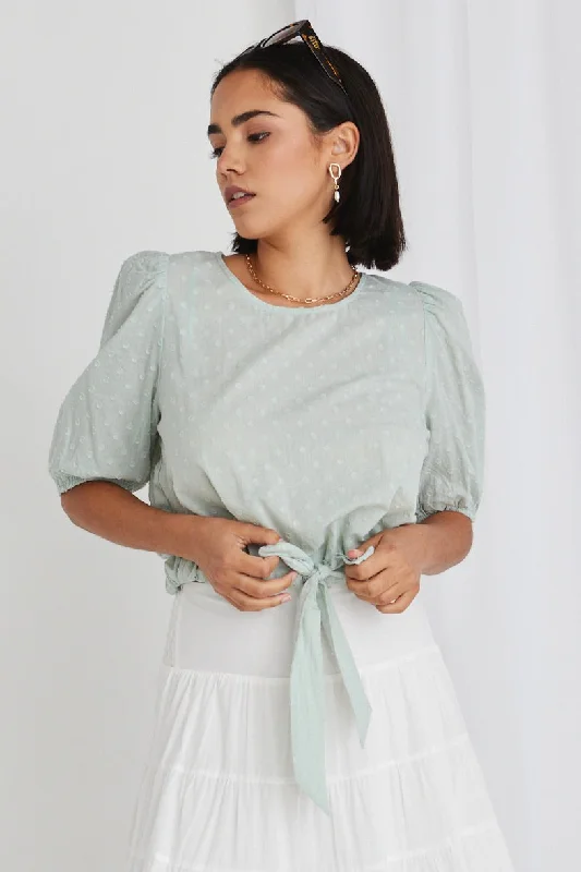 Feminine Luxe Style Sale Cameron Sage Dobby Spot Tie Front SS Top