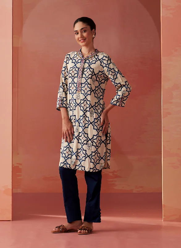 Clearance Sale, All Cheap Tisha Teal Blue Printed Rayon Straight Mirror Work Kurta