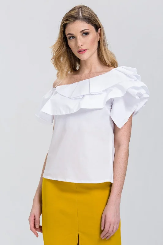 Day-To-Night Styles White One-Shoulder Ruffle Tiered Top
