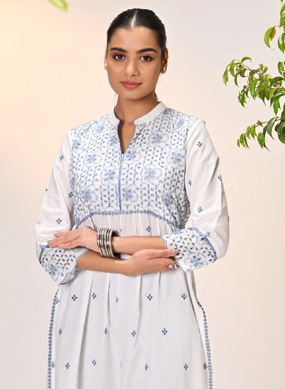 Trend Forward Threads Rozana Ivory With Blue Embroidered Schiffli Kurta For Women