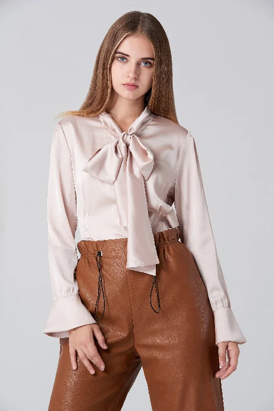 Edgy Fashion Deals Silk BlushTie Neck Sleeved Top