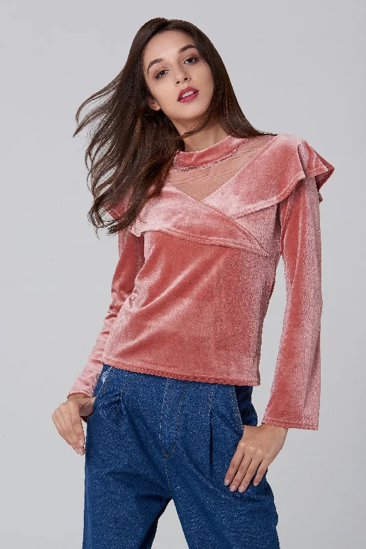 Feminine Style Promotions Pink Velvet Shawl Lapel Top