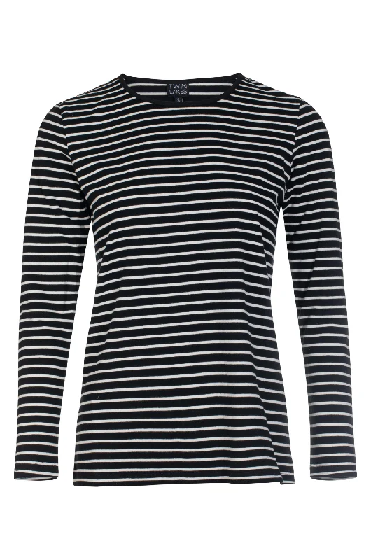 Daily Deals Crew neck Stripe Top | BLACK IVORY | 6561BR