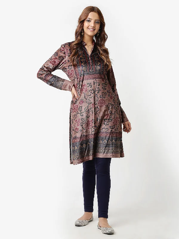 Fashion Sale Beige Printed Velvet Straight Kurta with Neck Embellishment