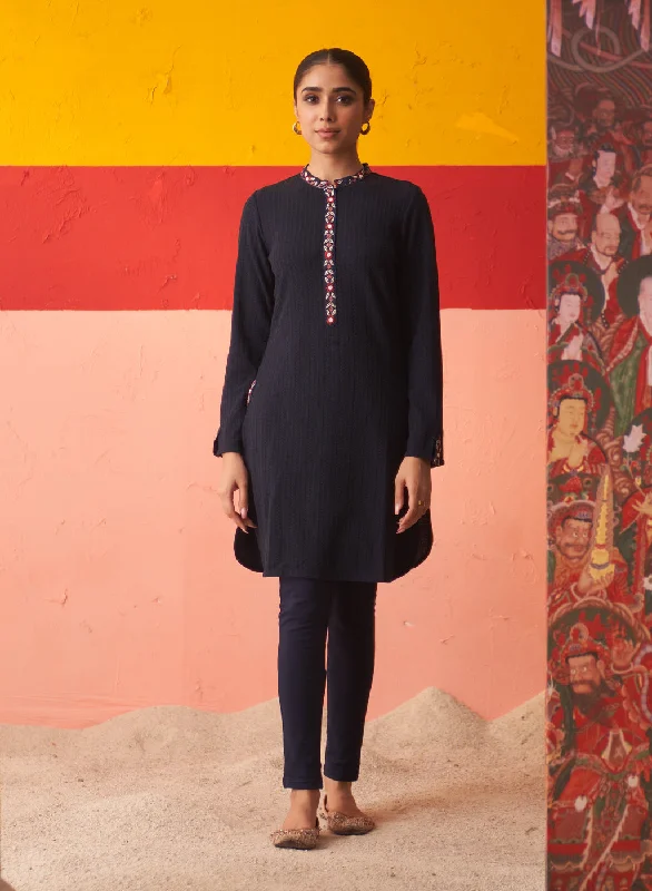 Hot Styles Navy Blue Woollen Kurta for Women with Threadwork