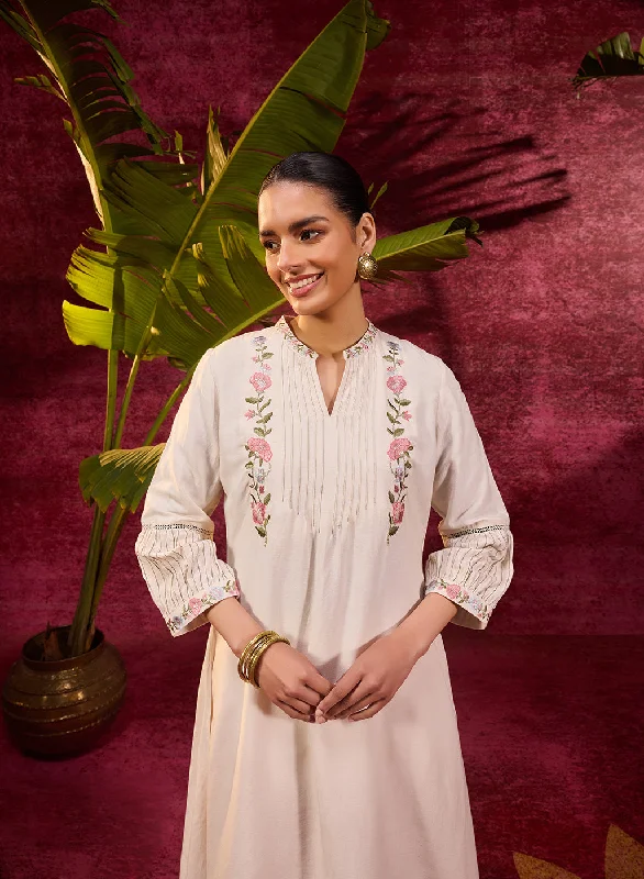 Style Redefined Utsav Ivory Embroidered Viscose Linen Kurta for Women