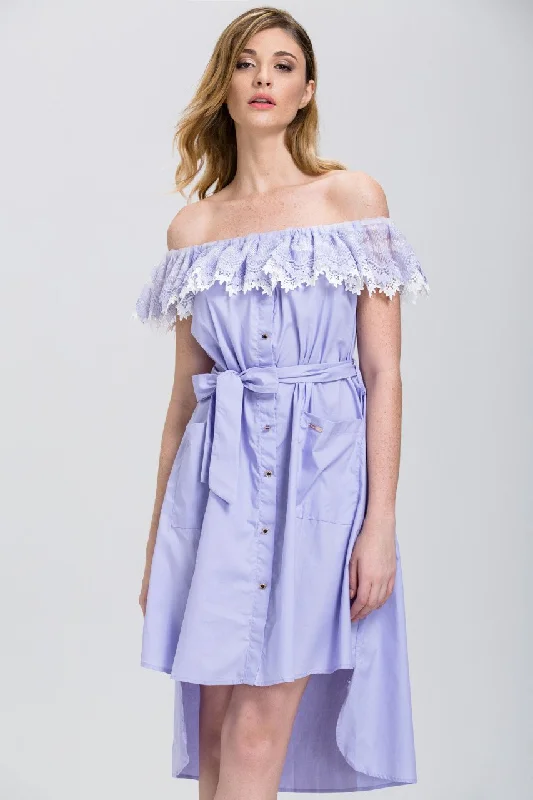 Hurry Before It's Gone Lavender Lace Off the Shoulder Shirt Midi Dress