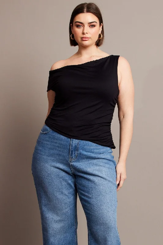 Exclusive Deals Online Black Asymmetrical Top Cowl Neck