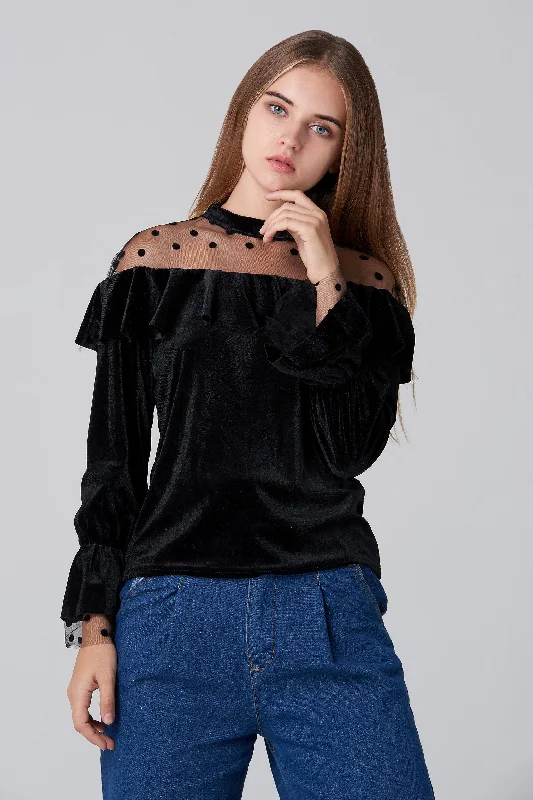 Casual Chic Black Velvet Sheer Yoke Bardot Top