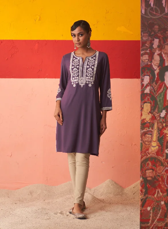 Trend Alert Purple Kurta for Women with Threadwork and Lace Detailing