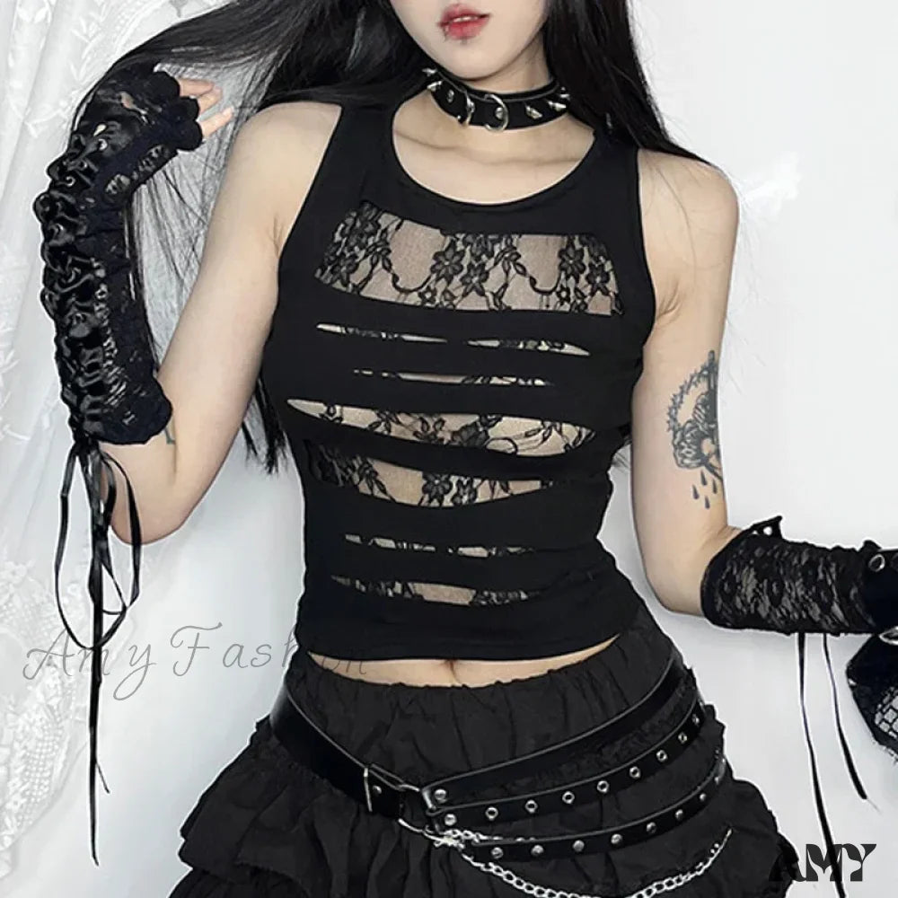 Essentials On Sale Crop Splice Cut Grunge Punk Lace Out Sexy Bodycon Top Dark Gothic Mall Techwear