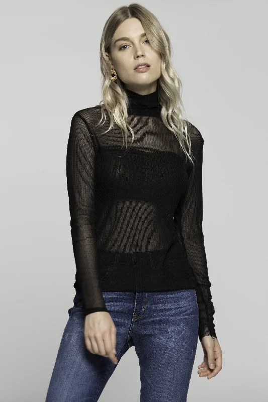 Luxury Fashion Black Sheer Turtle Neck Ribbed Top