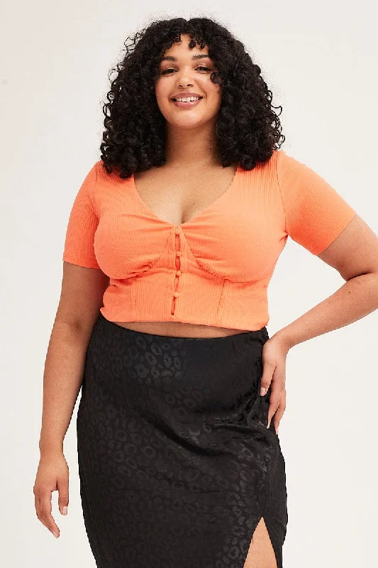 Casual Chic Orange Button Top Rib Jersey