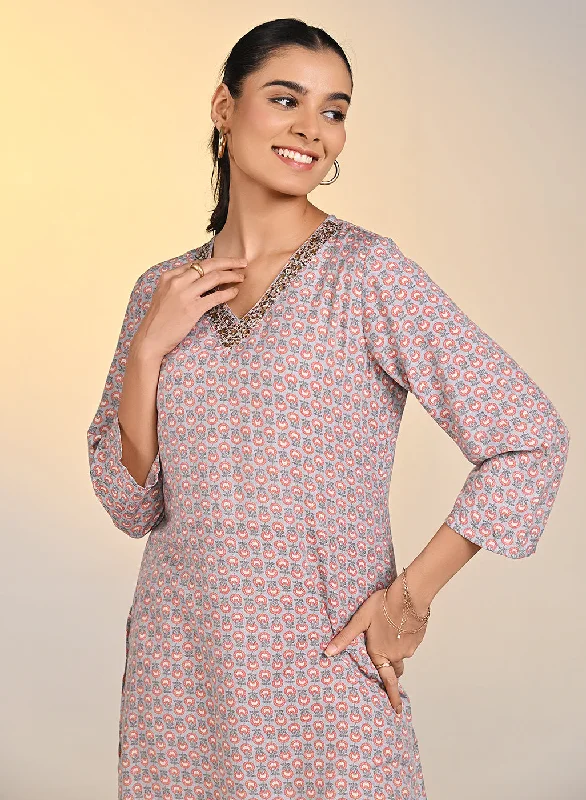 Contemporary Fashion Sale Nadia Light Grey Printed V-Neck Kurta For Women