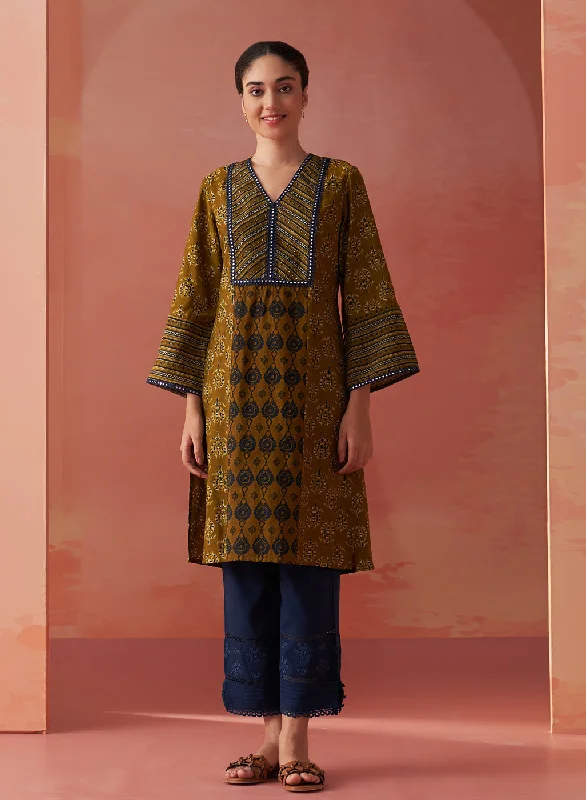 Seasonal Picks Arayna Light Olive Printed Chanderi Kurta for Women