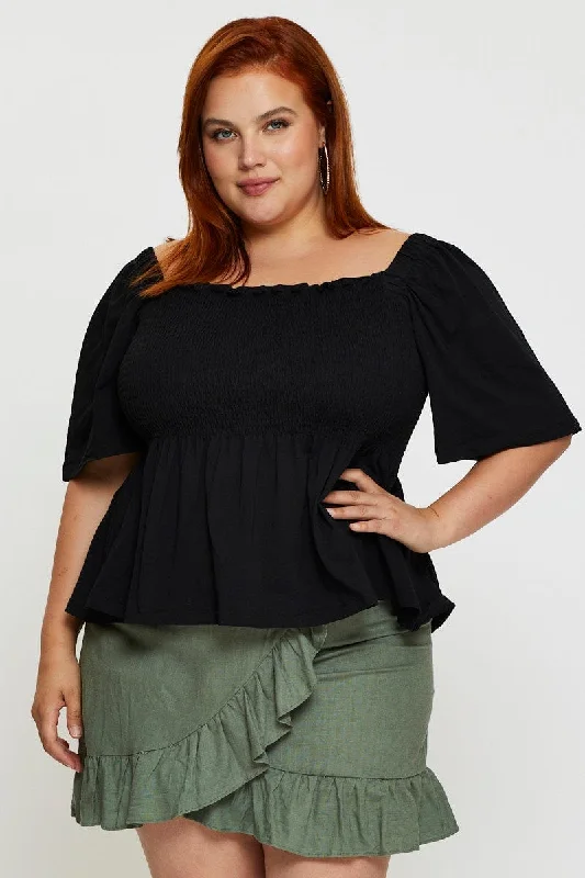 Imeless Style Black Peplum Top Off The Shoulder Flutter Sleeve Shirred