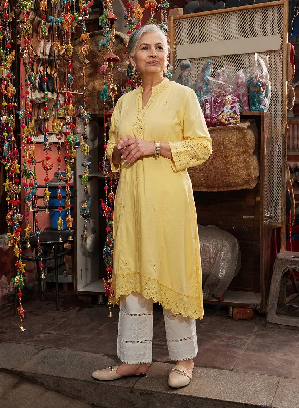 End Of Season Sale Inaya Lemon Yellow Embroidered Cotton Linen Slub Kurta for Women End Of Season Sale Inaya Lemon Yellow Embroidered Cotton Linen Slub Kurta for Women