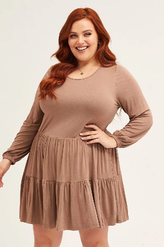Affordable Trendy Fashion Brown Tiered Top Round Neck Three-quarter Sleeve