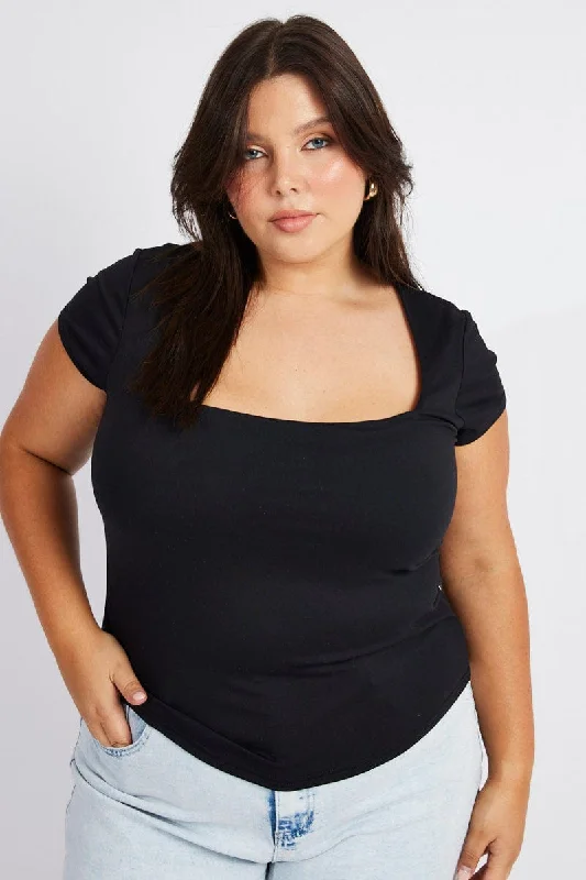 Elegant Style Black Top Cap Sleeve Square Neck Longline Supersoft
