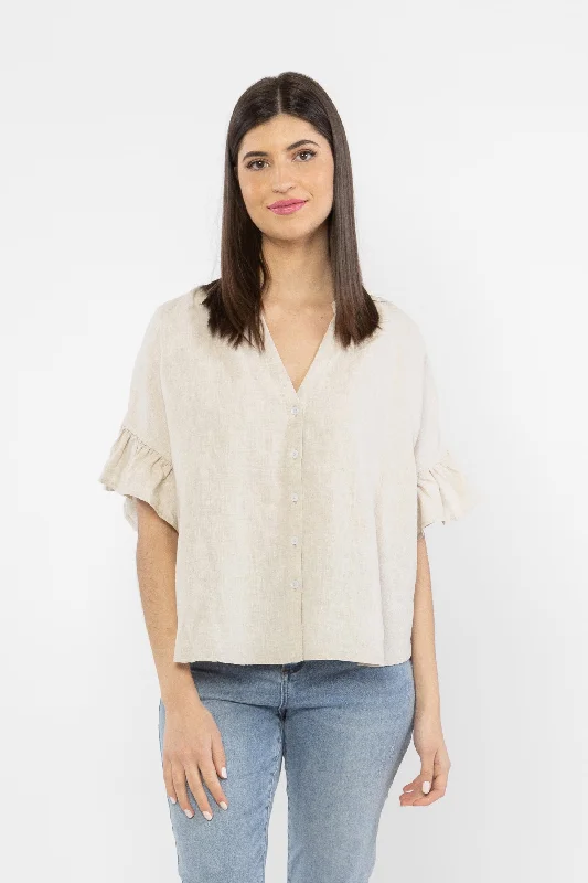 Retro Style Promotions Riverstone Natural Linen Ruffle Sleeve Shirt