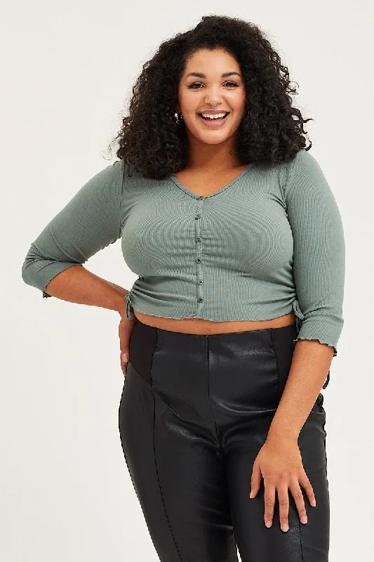 Sleek Style Discounts Green Drawstring Top Three Quater Sleeve Button Front