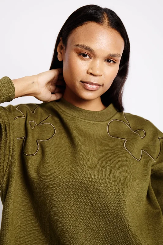 Forward Trendsetter Fatigue Sweat Top with Embroidered Flower