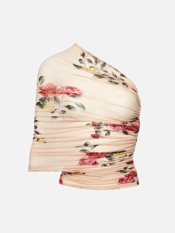 Sustainable Fashion Extravaganza One-shoulder Wrap Top in Beige Print