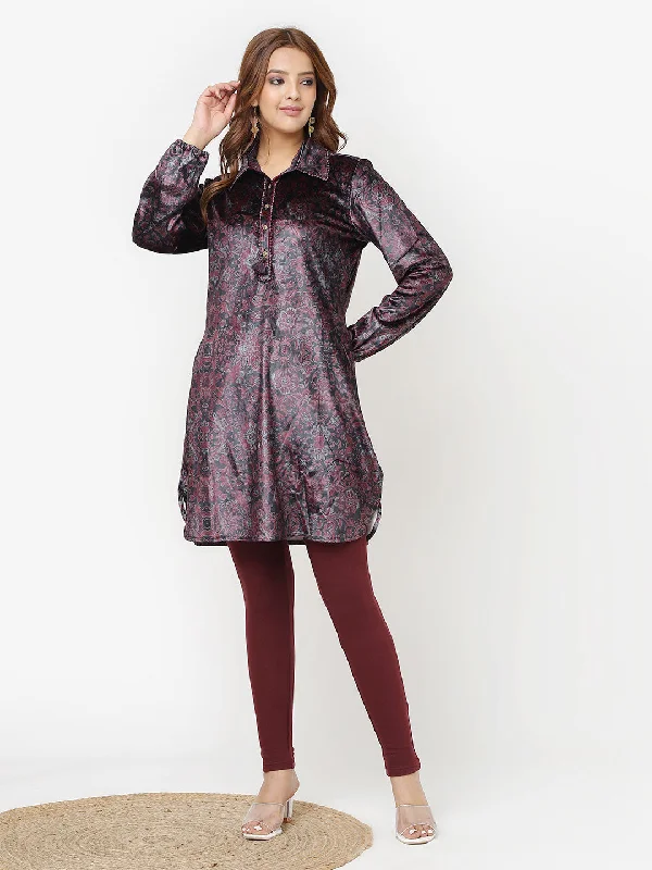 Timeless Style Promotions Maroon Printed Velvet Kurti for Women with Classic Collar and Button Detailing