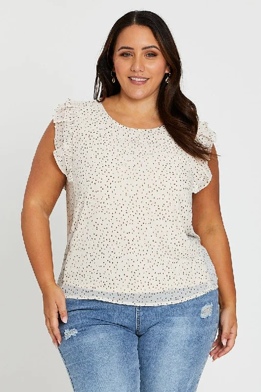 End-Of-Season Clearance Geo Print Flutter Sleeve Cream Spot Top