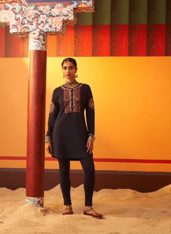 Timeless Style Promotions Navy Blue Embroidered Woollen Kurti for Women with Mirror Work